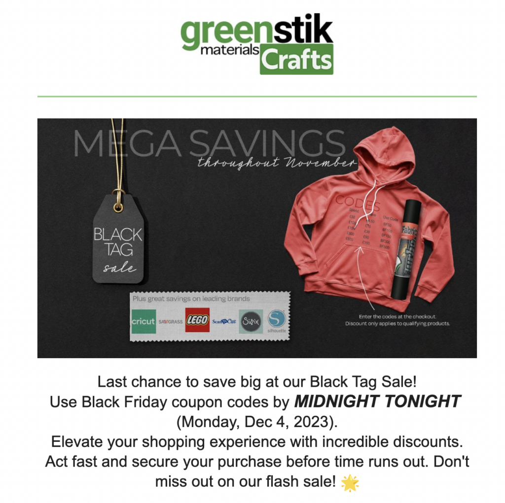 greenstick materials craft black friday sale email campaign